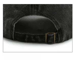 Detail of adjustable metal buckle and washed denim texture on a black baseball cap