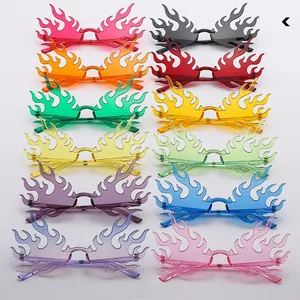 Detailed grid view of twelve colored flame-shaped rimless sunglasses in various vibrant tints