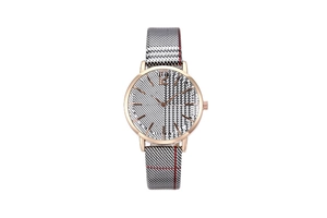 Detail of rose gold quartz watch with classic plaid pattern dial and leather strap