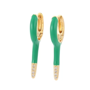 Green enamel long drop earrings in gold plating with white cubic zirconia accents
