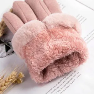 Gants d'hiver roses chauds pour femmes avec doublure en velours épais et bordure en fourrure