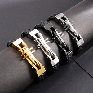 Men's braided leather bracelets with bullet charms in gold silver black and antique finishes