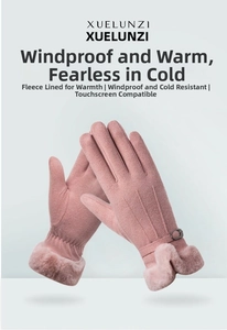 Détail de gants thermiques roses avec fonction écran tactile et poignet en fourrure