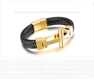 Detail view of mens black woven leather bracelet with golden steel cross and dimensions