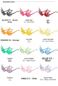 Matrix display of flame-shaped rimless sunglasses in twelve vibrant gradient color options