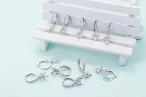 Detailed macro shot of silver zodiac charm earrings with micro-inlaid white cubic zirconia