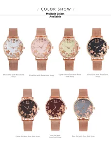 Showcase of seven women's flower dial watches with rose gold mesh bands in various colors