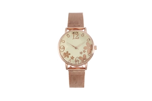 Detailed view of rose gold Milanese mesh strap and floral butterfly dial of quartz watch