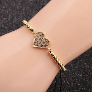 Adjustable golden heart chain bracelet with colorful micro-set cubic zirconia stones