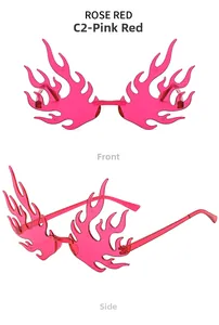 Front and side views of flame shaped rimless rose red sunglasses with metallic arms