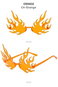 Front and side views of orange flame-shaped rimless sunglasses with trendy PC lenses
