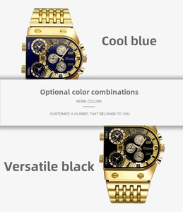 Detail view of multi-timezone quartz watches in Cool Blue and Versatile Black finishes