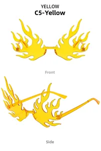 Detailed front and side views of oversized flame-shaped sunglasses in vibrant yellow color