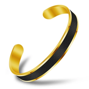 Minimalist C-shaped open cuff bracelet in gold finish with black textured leather inlay