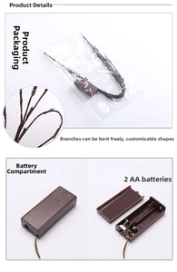 Detail view of flexible brown LED branch lights with AA battery box for DIY home decor