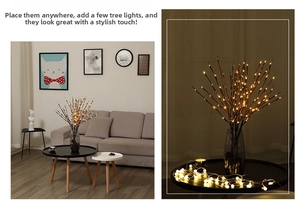 Detail of warm LED lighted decorative branches for home interior and vase styling