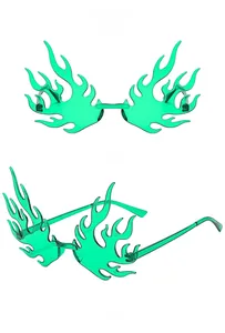 Macro view of green flame shaped rimless sunglasses showing front and side profile details