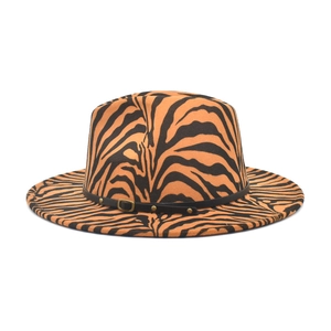 Zebra pattern felt fedora hat in orange and black with leather belt and gold buckle