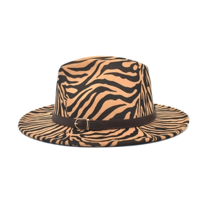 Classic fedora hat with zebra pattern in brown and black with leather buckle belt