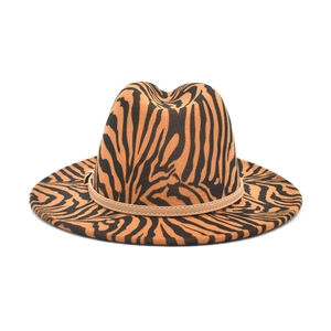 Women's orange zebra print wool fedora hat with wide brim and leather belt buckle