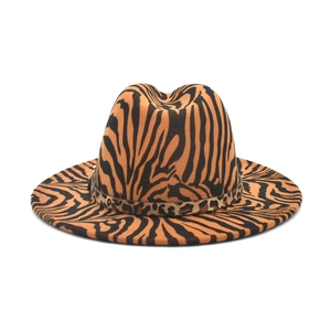 Fedora hat with orange zebra stripes and leopard band on a clean white background