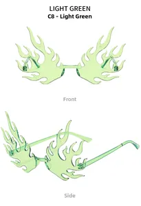 Detail view of light green flame shaped rimless sunglasses with metal temples
