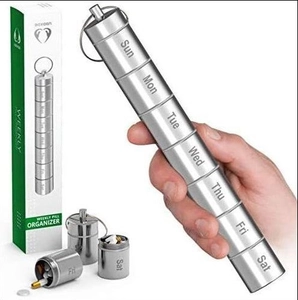 Aluminum 7-day waterproof pill organizer with removable compartments and keychain loop