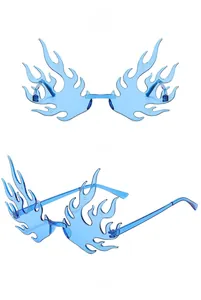 Front and side views of rimless flame-shaped sunglasses with light blue lenses