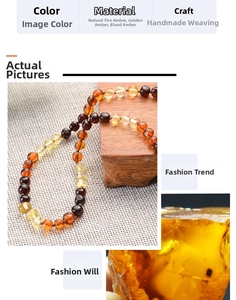 Macro shot of natural amber baby necklace beads with golden and blood amber textures