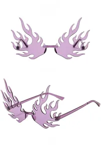 Front and side views of purple flame shaped rimless sunglasses for parties