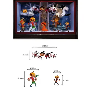 Halloween window decals set showing dimensions and seasonal pumpkin ghost layout