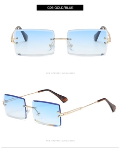 Detail of rimless square sunglasses with gold engraved metal arms and blue gradient lenses