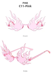 Front and side view of trendy pink flame shaped sunglasses with semi-transparent frames