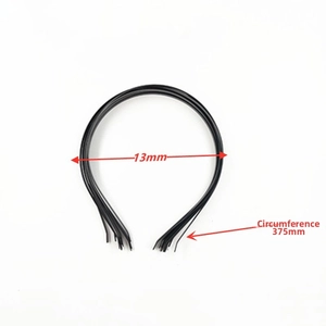 Detailed view of 13mm wide black metal headband with 375mm circumference dimensions