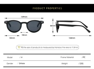 Size chart showing 139mm frame width and 53mm lens width for round PC sunglasses