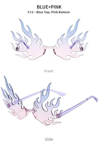 Detail view of flame-shaped rimless sunglasses featuring blue and pink gradient lenses
