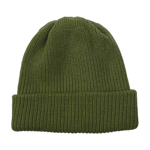 Detail view of olive green knit beanie showing thick vertical ribbed pattern and texture