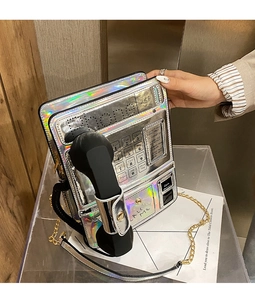 Bolso cruzado de mujer novedad teléfono público holográfico creativo con cadena dorada.