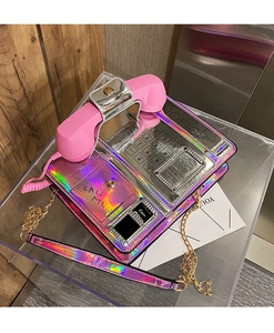 Bolso cruzado retro holográfico en forma de teléfono con auricular rosa y cadena para mujer.