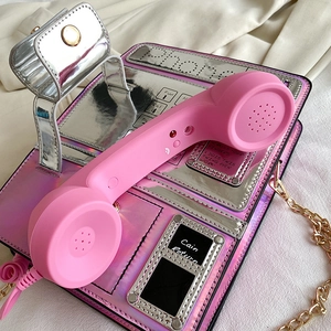 Bolso cruzado con forma de teléfono, bolso de hombro de cuero PU rosa y plateado láser.