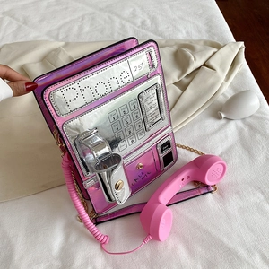 Bolso de hombro creativo en forma de teléfono público, bolso rosa láser con auricular.