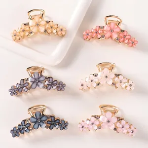 Flower Hair Claw Clip Gold Plated Alloy With Resin Faux Opal And Small Rhinestone Elegant Hair Accessory For Women