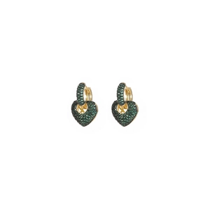 Exquisite gold heart earrings with green zircon pavé and a hollow letter K detail