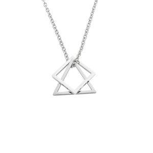 Close-up of geometric silver stainless steel square and triangle interlocking pendant necklace