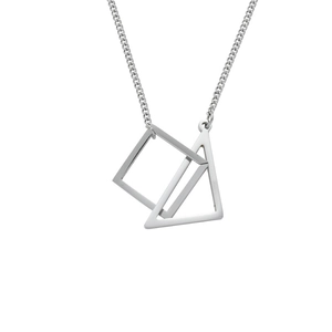 Detail view of interlocking silver square and triangle geometric pendants on a fine chain