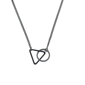 Men's minimalist black stainless steel necklace with interlocking triangle and circle pendant