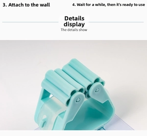 Detail showing self-adhesive mop holder with roller buckle for drill-free wall mounting