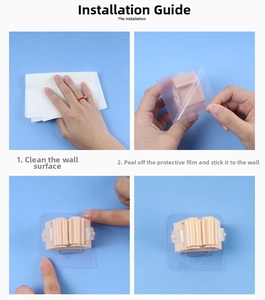 Installation guide showing steps for wall mounted mop holder with strong adhesive base