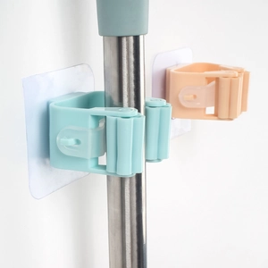 Wall Mounted Mop Holder Broom Organizer Rack Plastic Self Adhesive Punch Free Rolling Design For Bathroom Kitchen