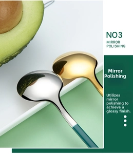 Detail of mirror polished stainless steel spoons with green handles in gold and silver